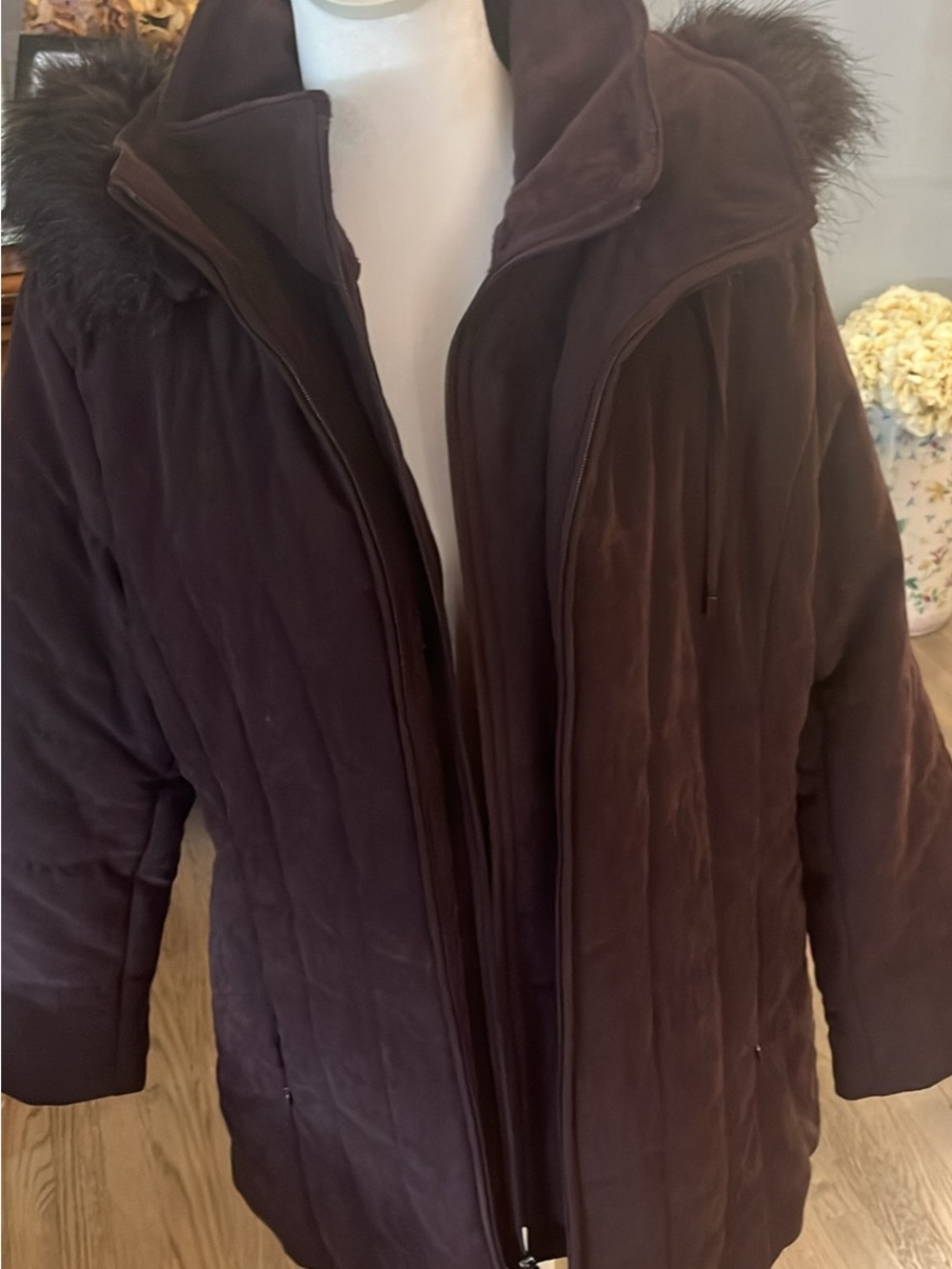 croft & barrow Dark Burgundy Quilted Hooded Puffer with Faux-Fur Trim